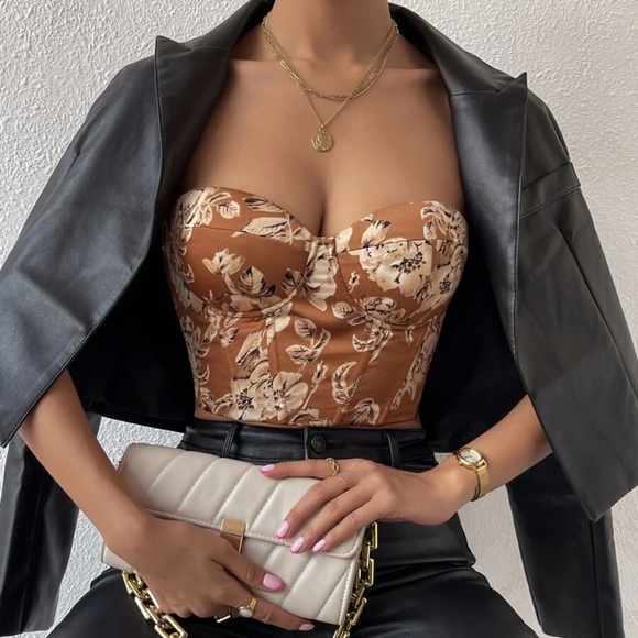 Boho floral print lace up back satin bustier corset tube top - Picture 8 of 11